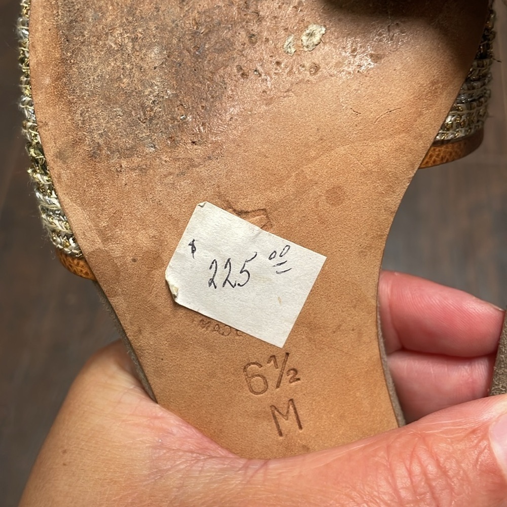 Eric Javits Tan and Gold Woven Slide Sandals - Picture 7 of 12
